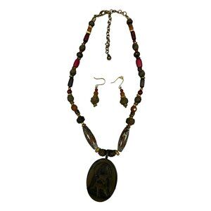 Chicos Signed VTG 16" Womens Necklace and Earrings Red Brown - Glass Beads with